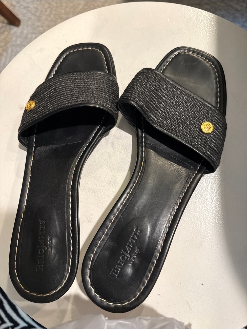 Black Erick Javits  Slide Sandals with Gold Accent